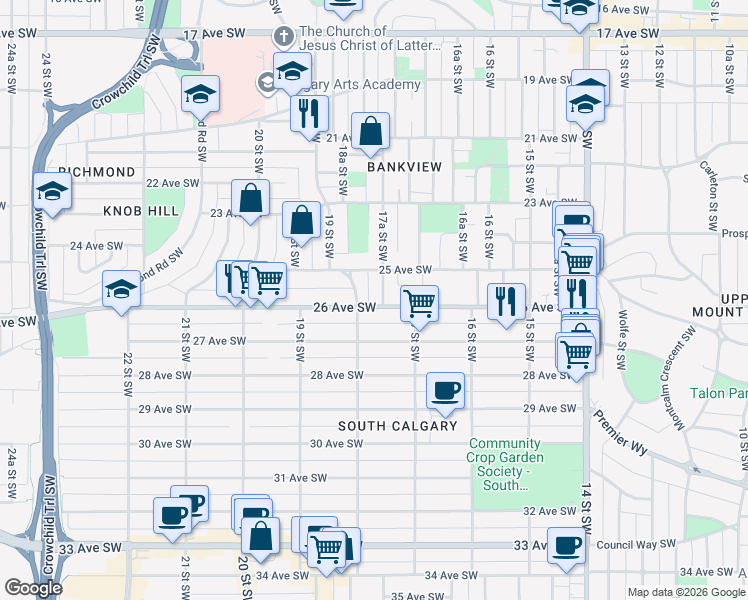 map of restaurants, bars, coffee shops, grocery stores, and more near 2619 17A Street Southwest in Calgary