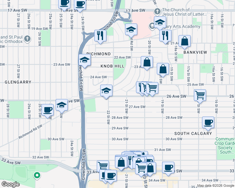 map of restaurants, bars, coffee shops, grocery stores, and more near 2224 26 Avenue Southwest in Calgary