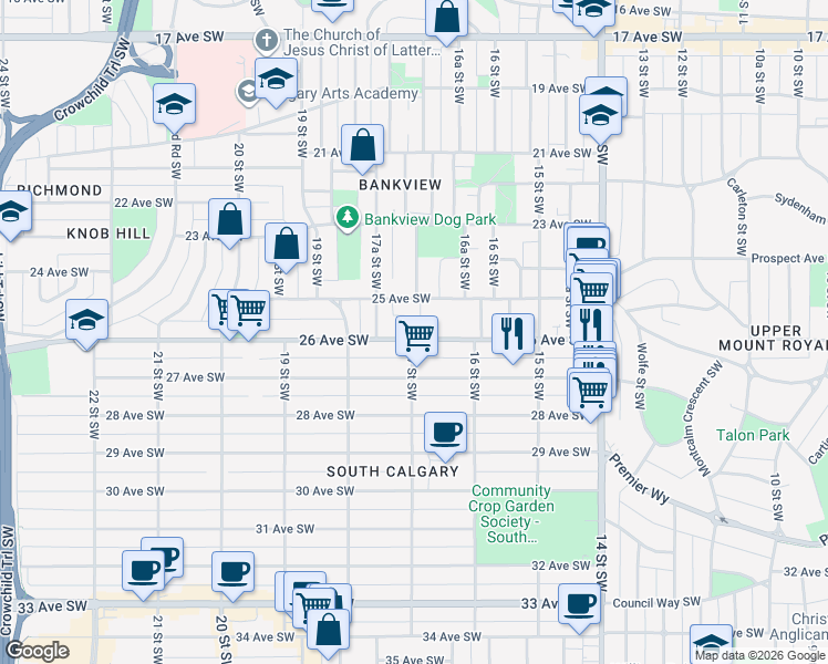 map of restaurants, bars, coffee shops, grocery stores, and more near 1800 26 Avenue Southwest in Calgary