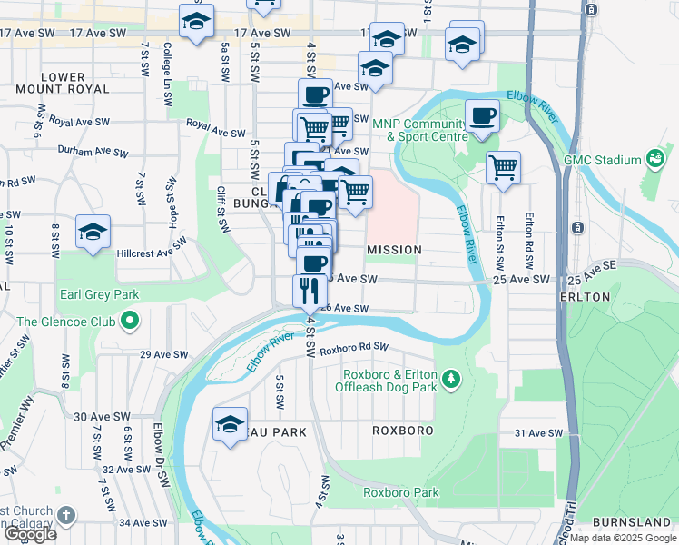 map of restaurants, bars, coffee shops, grocery stores, and more near in Calgary