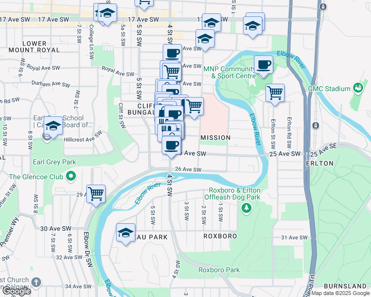 map of restaurants, bars, coffee shops, grocery stores, and more near 320 25 Avenue Southwest in Calgary