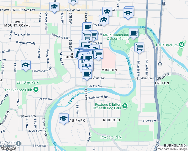map of restaurants, bars, coffee shops, grocery stores, and more near 320 25 Avenue Southwest in Calgary