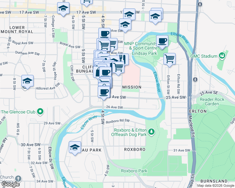 map of restaurants, bars, coffee shops, grocery stores, and more near 315 24 Avenue Southwest in Calgary