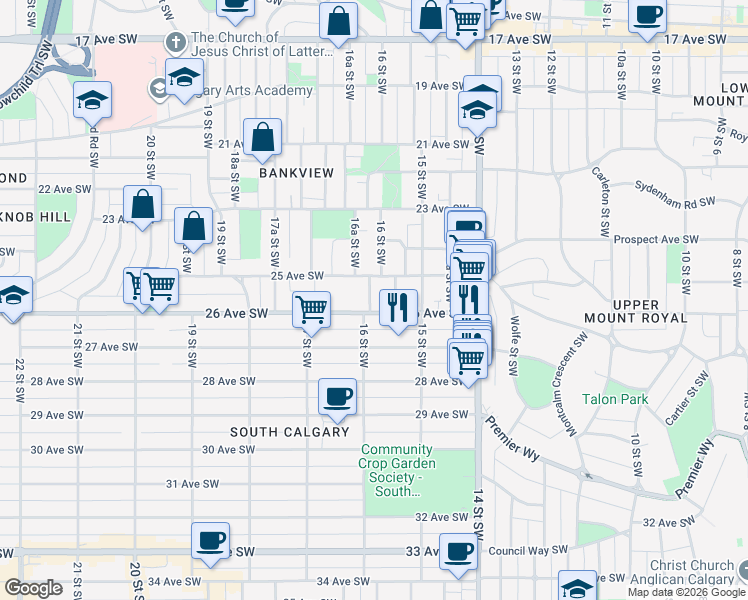 map of restaurants, bars, coffee shops, grocery stores, and more near 2620 16 Street Southwest in Calgary
