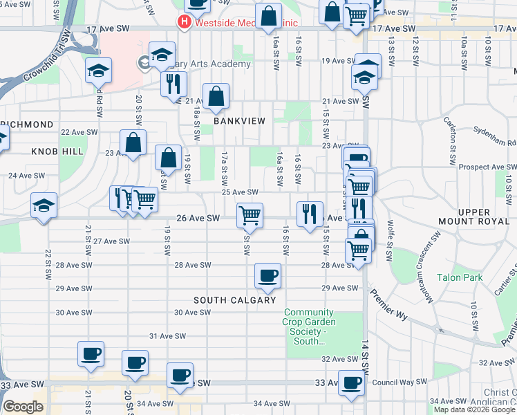 map of restaurants, bars, coffee shops, grocery stores, and more near 2519 17 Street Southwest in Calgary