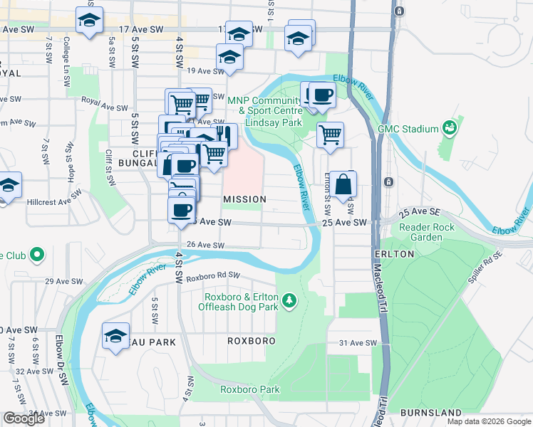 map of restaurants, bars, coffee shops, grocery stores, and more near in Calgary