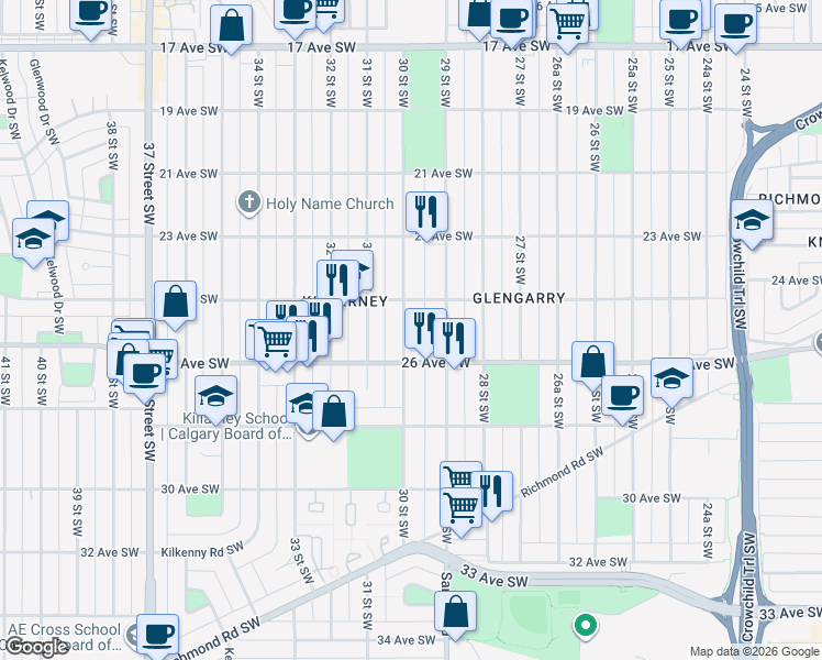 map of restaurants, bars, coffee shops, grocery stores, and more near in Calgary