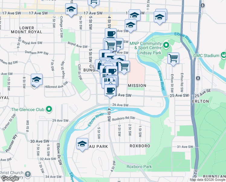 map of restaurants, bars, coffee shops, grocery stores, and more near in Calgary