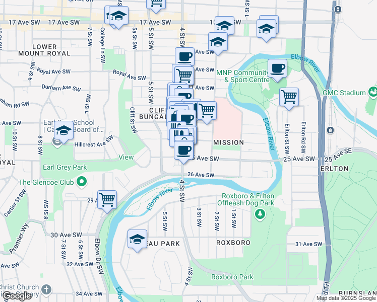 map of restaurants, bars, coffee shops, grocery stores, and more near in Calgary