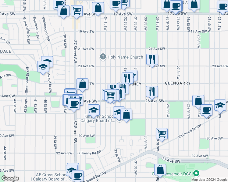 map of restaurants, bars, coffee shops, grocery stores, and more near 2617 33 Street Southwest in Calgary