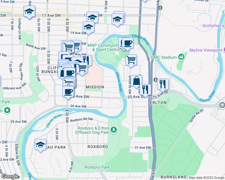 map of restaurants, bars, coffee shops, grocery stores, and more near in Calgary