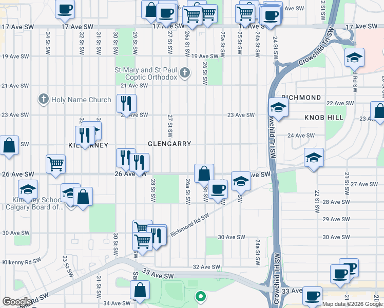 map of restaurants, bars, coffee shops, grocery stores, and more near in Calgary