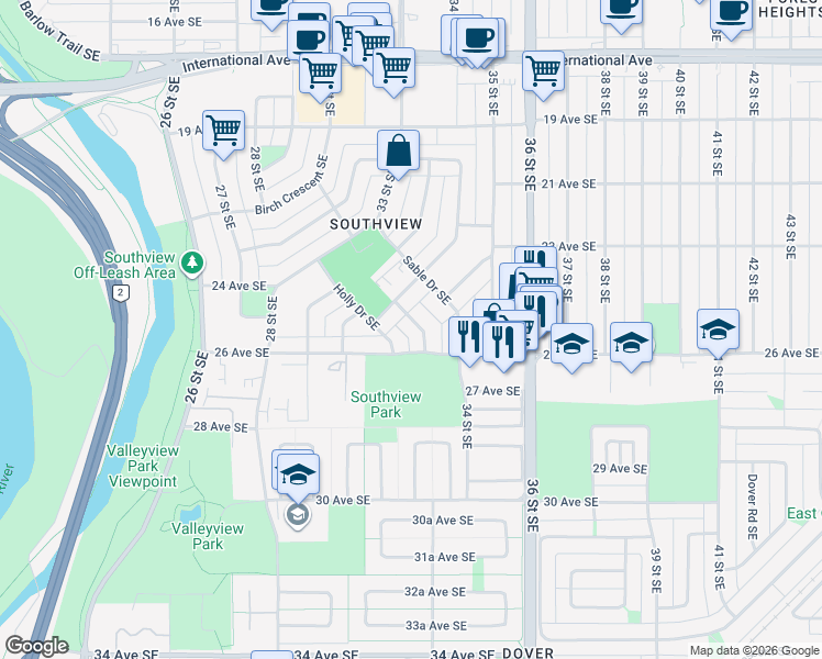 map of restaurants, bars, coffee shops, grocery stores, and more near 2525 Southwood Drive Southeast in Calgary