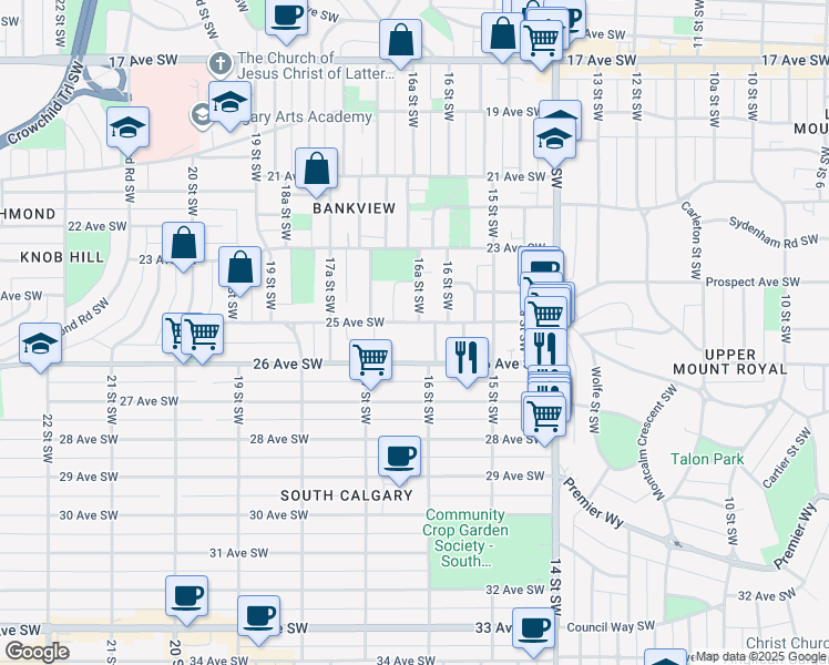 map of restaurants, bars, coffee shops, grocery stores, and more near 2524 16B Street Southwest in Calgary