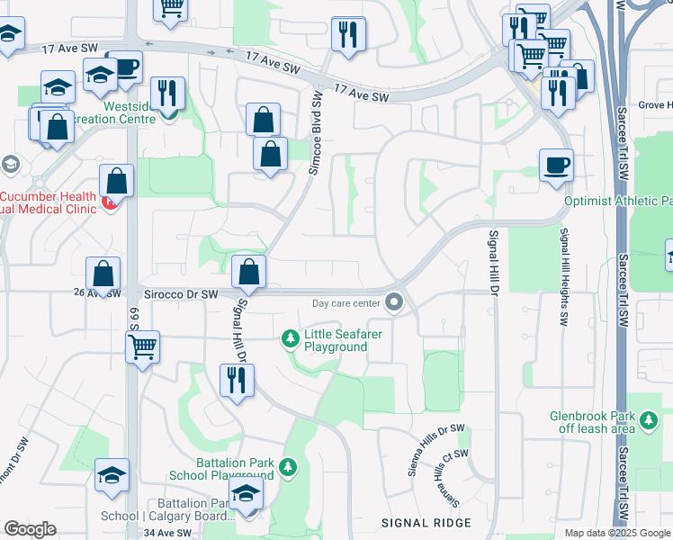 map of restaurants, bars, coffee shops, grocery stores, and more near 234 Simcrest Heights Southwest in Calgary