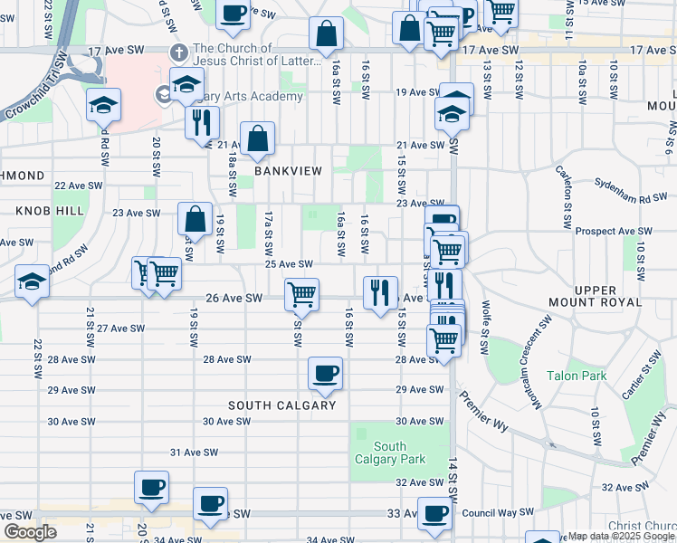 map of restaurants, bars, coffee shops, grocery stores, and more near 1711 25 Avenue Southwest in Calgary