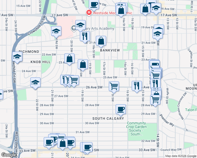 map of restaurants, bars, coffee shops, grocery stores, and more near 1928 25 Avenue Southwest in Calgary