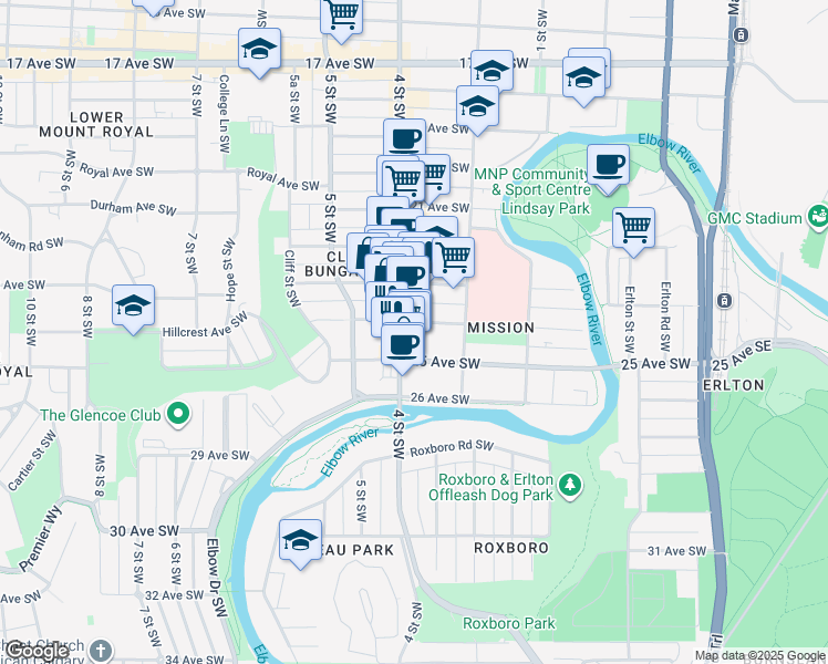 map of restaurants, bars, coffee shops, grocery stores, and more near in Calgary