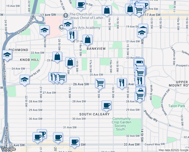 map of restaurants, bars, coffee shops, grocery stores, and more near 2522 17A Street Southwest in Calgary