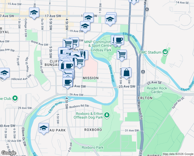 map of restaurants, bars, coffee shops, grocery stores, and more near 24 Avenue Southwest & 1 Street Southwest in Calgary