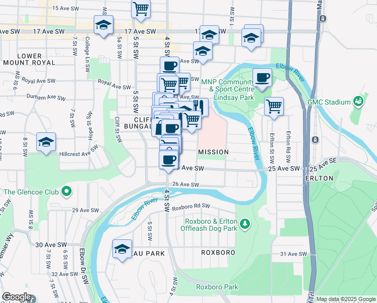 map of restaurants, bars, coffee shops, grocery stores, and more near 315 24 Avenue Southwest in Calgary