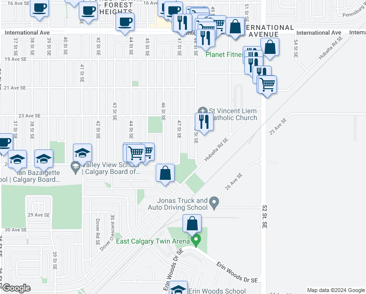 map of restaurants, bars, coffee shops, grocery stores, and more near 2602 47 Street Southeast in Calgary