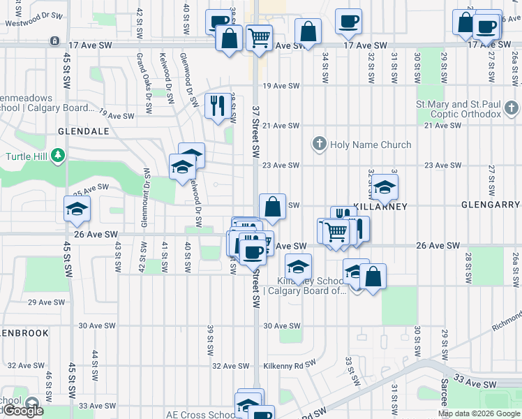 map of restaurants, bars, coffee shops, grocery stores, and more near 2604 37 Street Southwest in Calgary