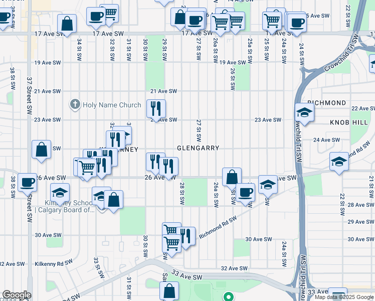 map of restaurants, bars, coffee shops, grocery stores, and more near 2805 25 Avenue Southwest in Calgary