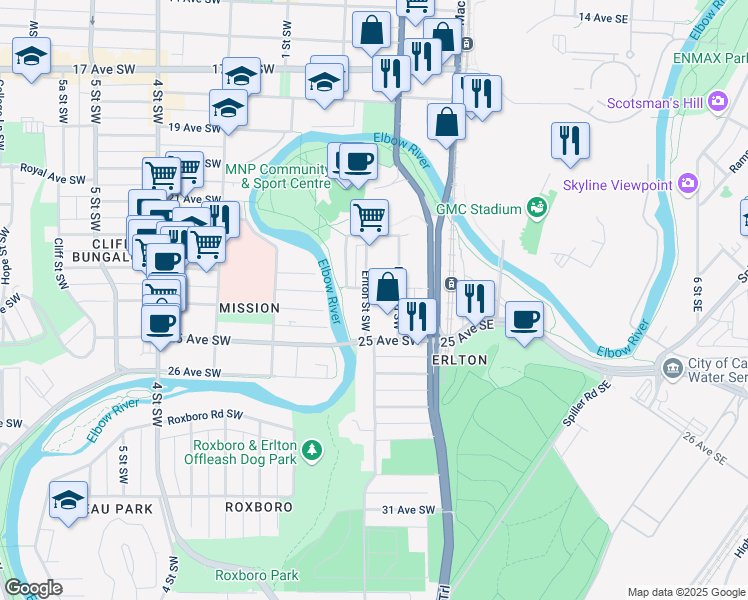 map of restaurants, bars, coffee shops, grocery stores, and more near in Calgary
