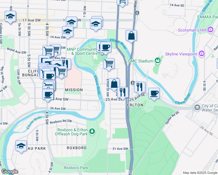 map of restaurants, bars, coffee shops, grocery stores, and more near in Calgary
