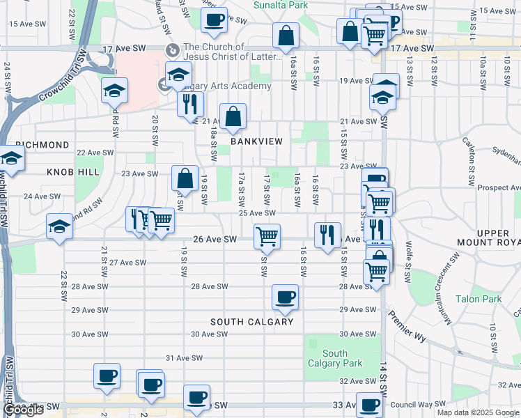 map of restaurants, bars, coffee shops, grocery stores, and more near 2519 17 Street Southwest in Calgary