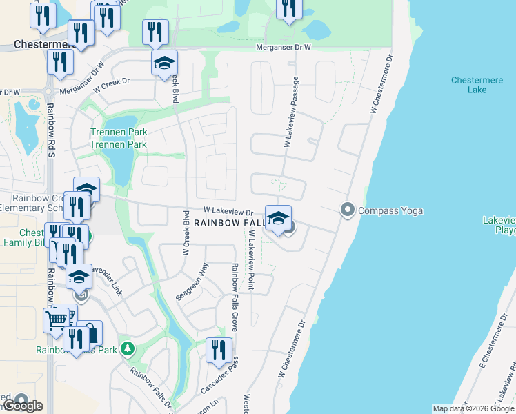 map of restaurants, bars, coffee shops, grocery stores, and more near 185 West Lakeview Drive in Chestermere