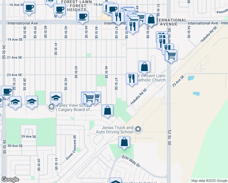 map of restaurants, bars, coffee shops, grocery stores, and more near 2602 47 Street Southeast in Calgary