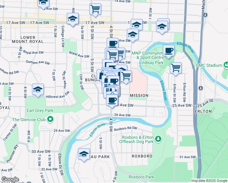 map of restaurants, bars, coffee shops, grocery stores, and more near in Calgary