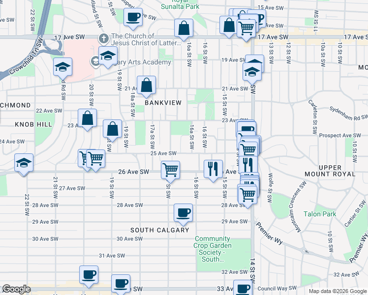 map of restaurants, bars, coffee shops, grocery stores, and more near 2524 16B Street Southwest in Calgary