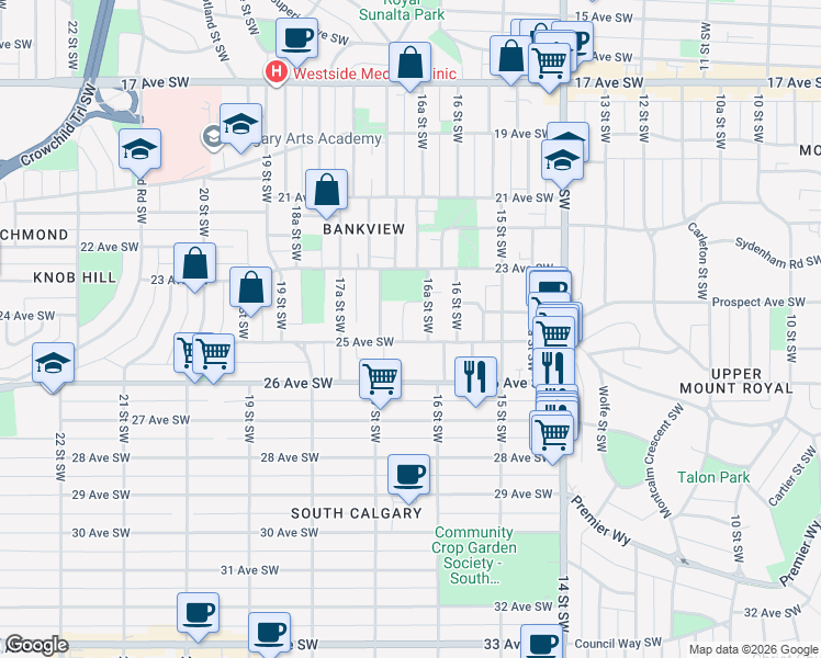 map of restaurants, bars, coffee shops, grocery stores, and more near 2524 16B Street Southwest in Calgary