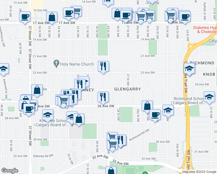 map of restaurants, bars, coffee shops, grocery stores, and more near 2433 29 Street Southwest in Calgary