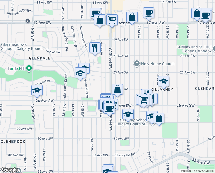 map of restaurants, bars, coffee shops, grocery stores, and more near 2604 37 Street Southwest in Calgary