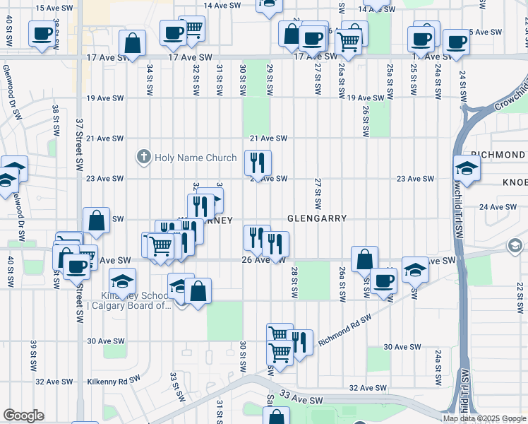 map of restaurants, bars, coffee shops, grocery stores, and more near 2435 29 Street Southwest in Calgary