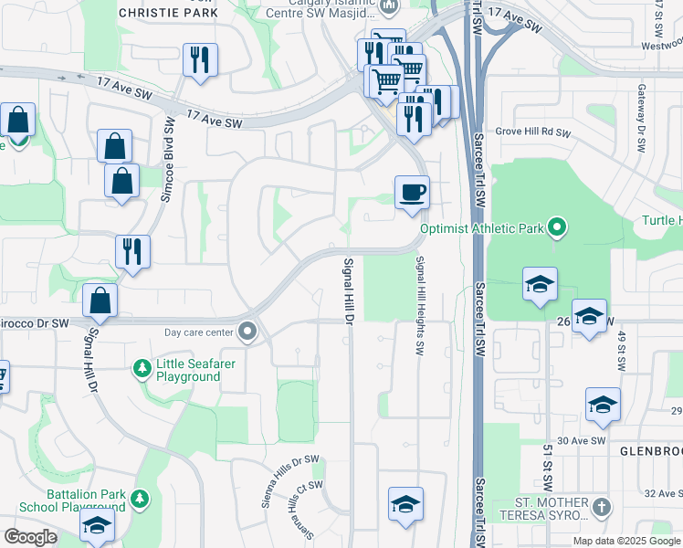 map of restaurants, bars, coffee shops, grocery stores, and more near 2619 Signal Hill Drive in Calgary