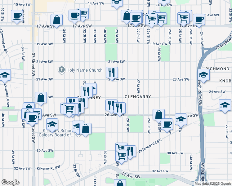 map of restaurants, bars, coffee shops, grocery stores, and more near 2433 29 Street Southwest in Calgary