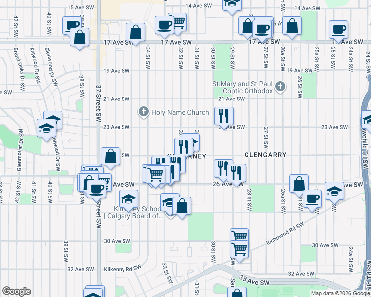 map of restaurants, bars, coffee shops, grocery stores, and more near in Calgary