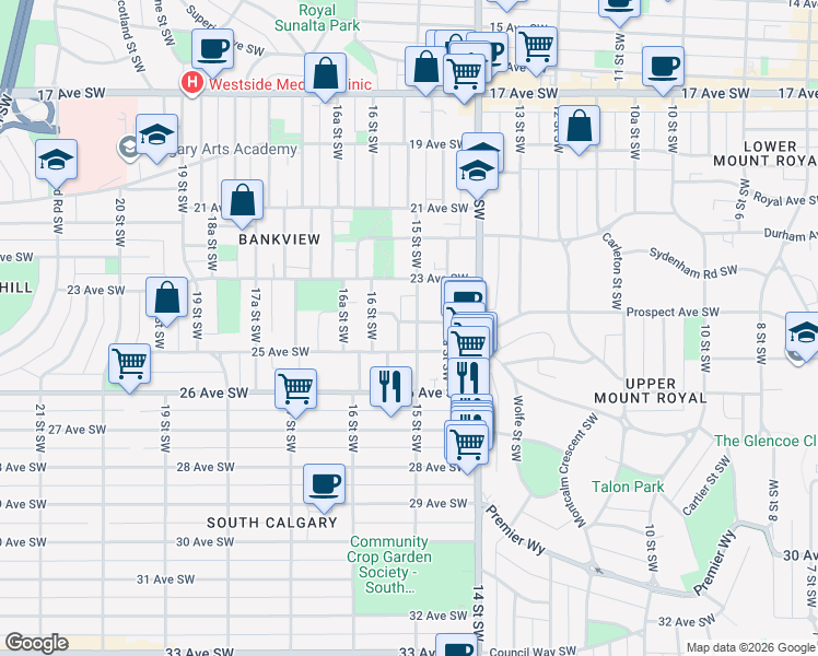 map of restaurants, bars, coffee shops, grocery stores, and more near 2501 15 Street Southwest in Calgary