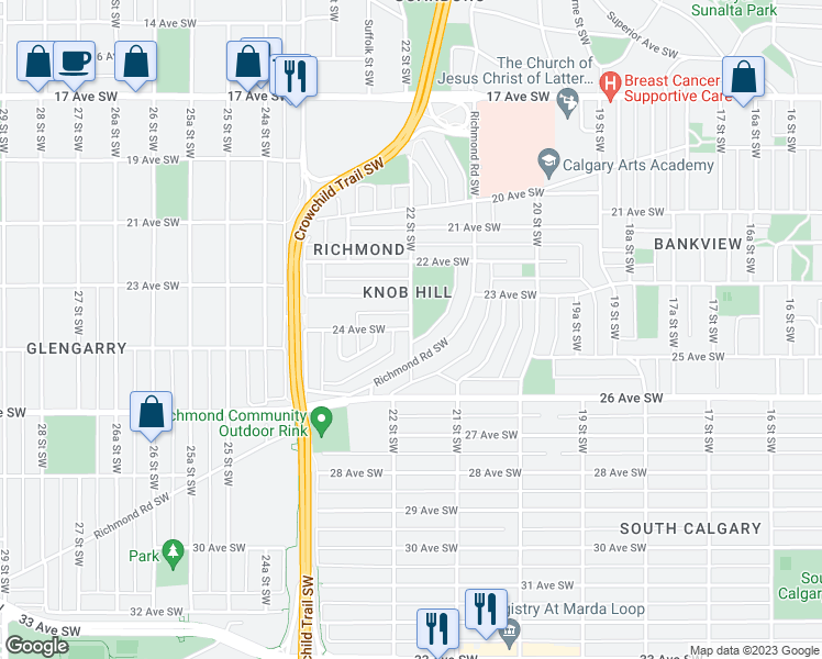 map of restaurants, bars, coffee shops, grocery stores, and more near 2304 24 Avenue Southwest in Calgary