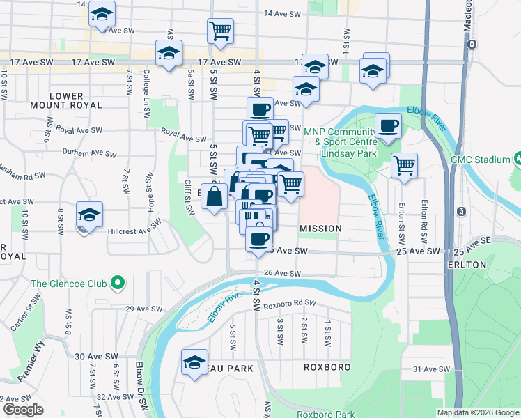 map of restaurants, bars, coffee shops, grocery stores, and more near 506 24 Avenue Southwest in Calgary