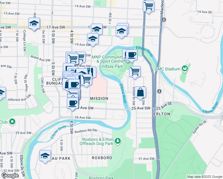 map of restaurants, bars, coffee shops, grocery stores, and more near in Calgary