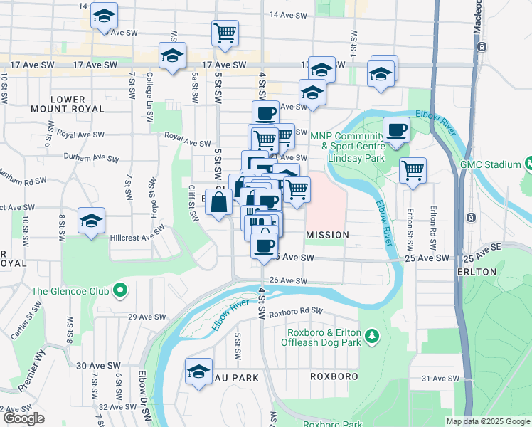 map of restaurants, bars, coffee shops, grocery stores, and more near 506 24 Avenue Southwest in Calgary