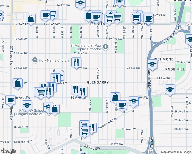 map of restaurants, bars, coffee shops, grocery stores, and more near 2805 25 Avenue Southwest in Calgary