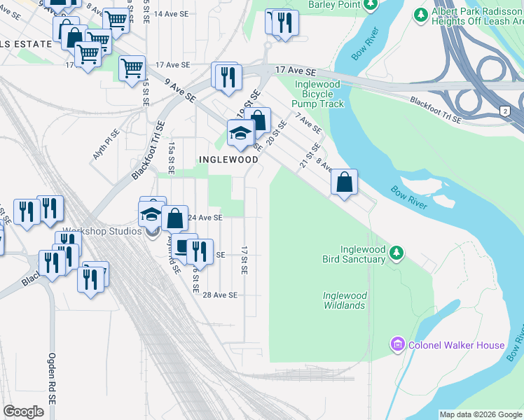 map of restaurants, bars, coffee shops, grocery stores, and more near in Calgary