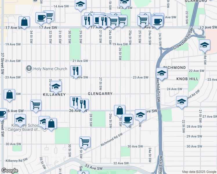 map of restaurants, bars, coffee shops, grocery stores, and more near 2423 26A Street Southwest in Calgary